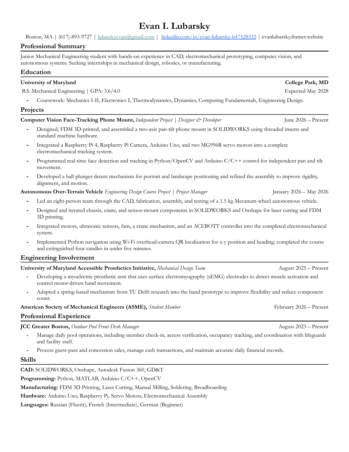 Evan Lubarsky’s one-page résumé, including education, engineering projects, experience, and skills